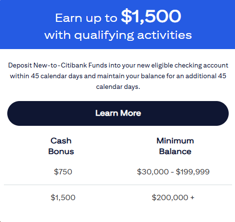 Citi Checking $325/$750/$1500开户奖励，支持ITIN-海外云居民