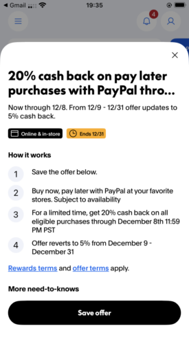 PayPal 20%返现，轻松撸$200。活动截止：12/08-海外云居民