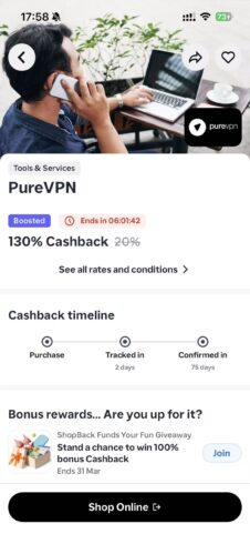 PureVPN 130%返利 + ShopBack $15 Refer，活动截止：2026/04/12-海外云居民